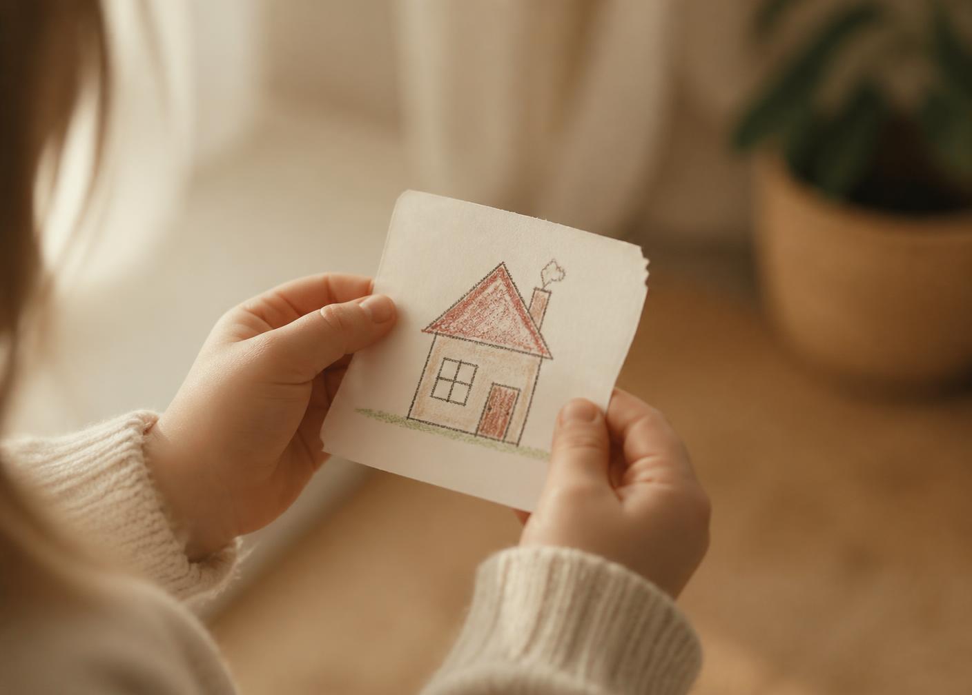 Manos de una niña sosteniendo el dibujo de una casa