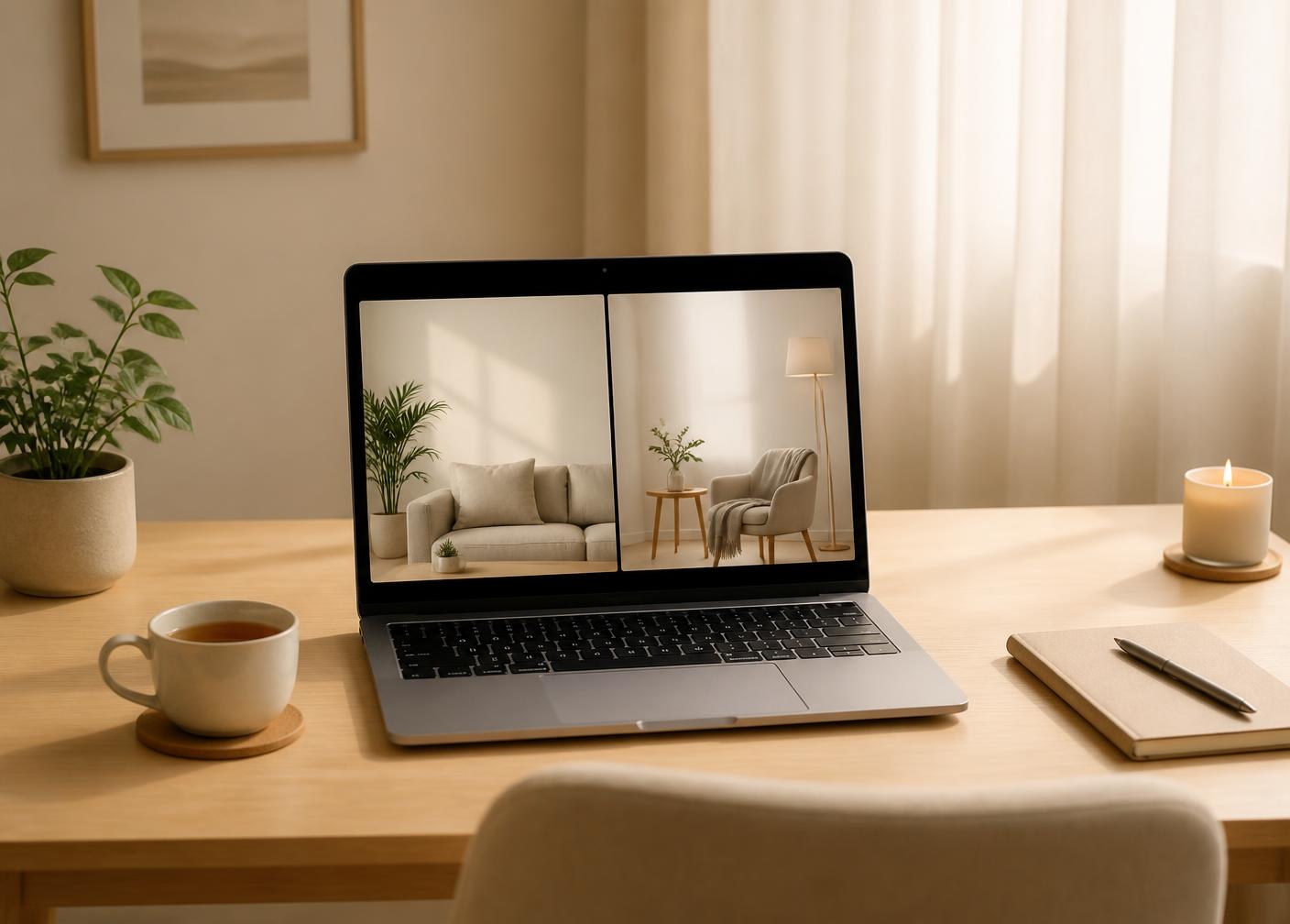 Espacio tranquilo con un portátil preparado para una sesión de mediación online