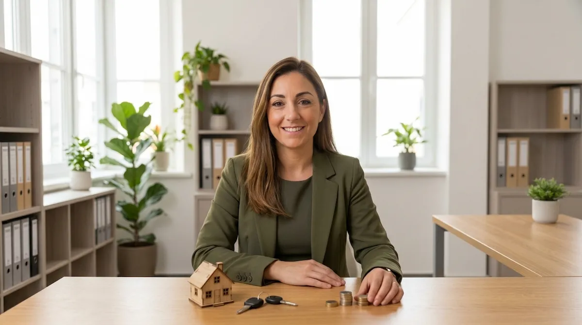 Especialista en mediación familiar en oficina con maqueta de casa, llaves y monedas sobre la mesa